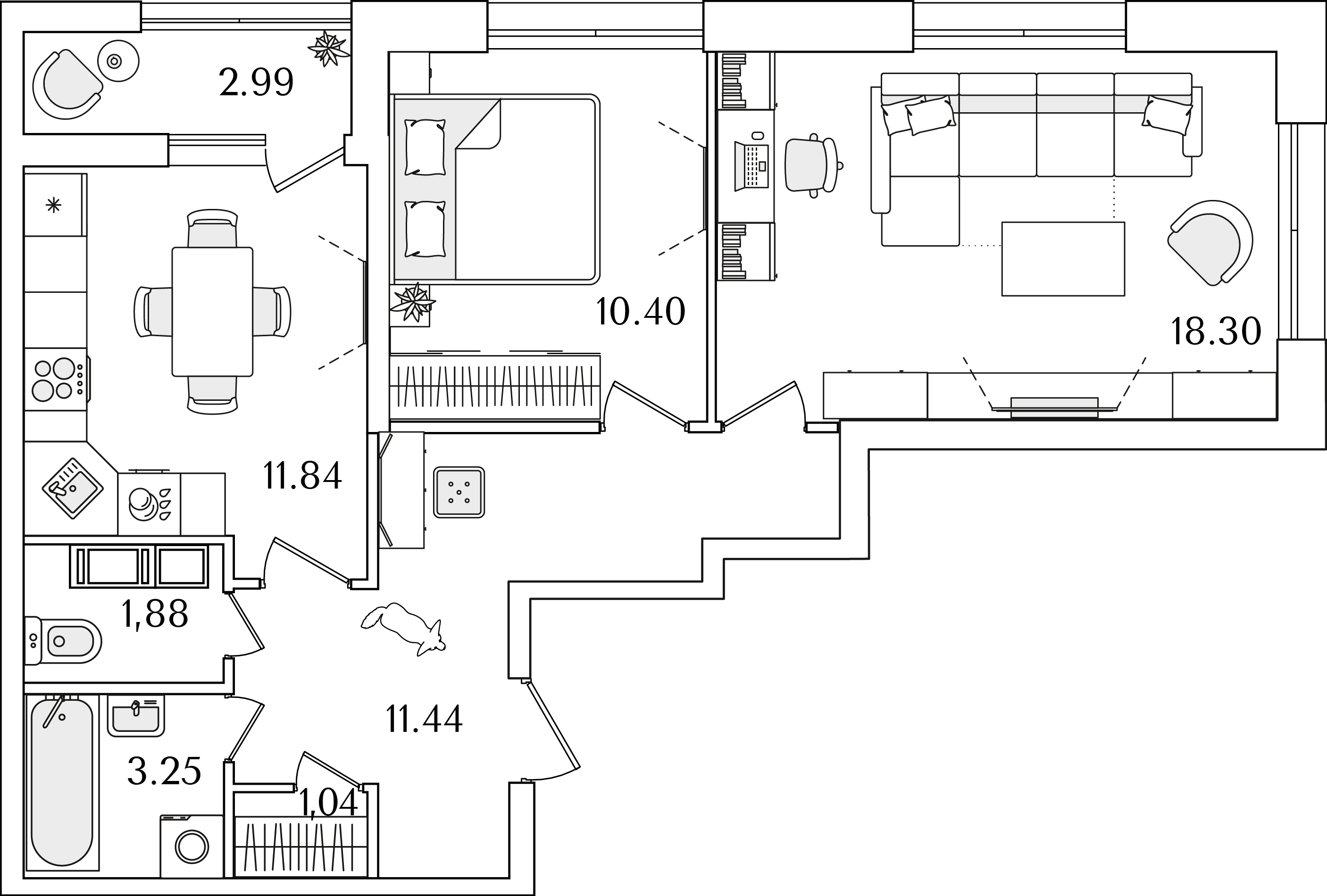 2 комн. квартира, 59.6 м², 20 этаж 