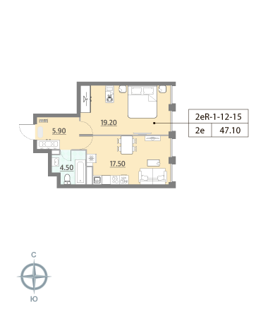 1 комн. квартира, 47.1 м², 13 этаж 