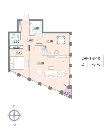 2 комн. квартира, 71.3 м², 10 этаж 