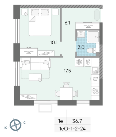1 комн. квартира, 36.7 м², 3 этаж 