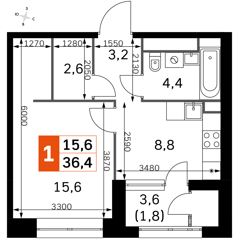 1 комн. квартира, 36.4 м², 12 этаж 