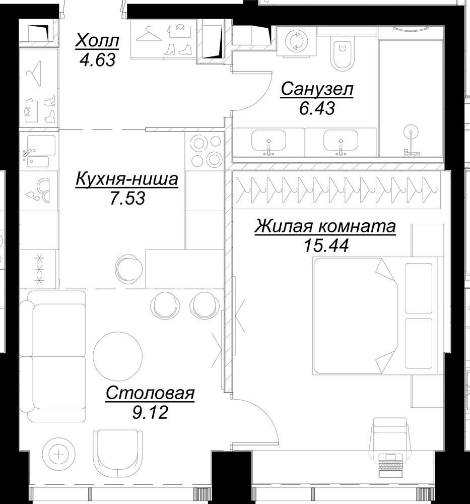 1 комн. квартира, 43.5 м², 14 этаж 