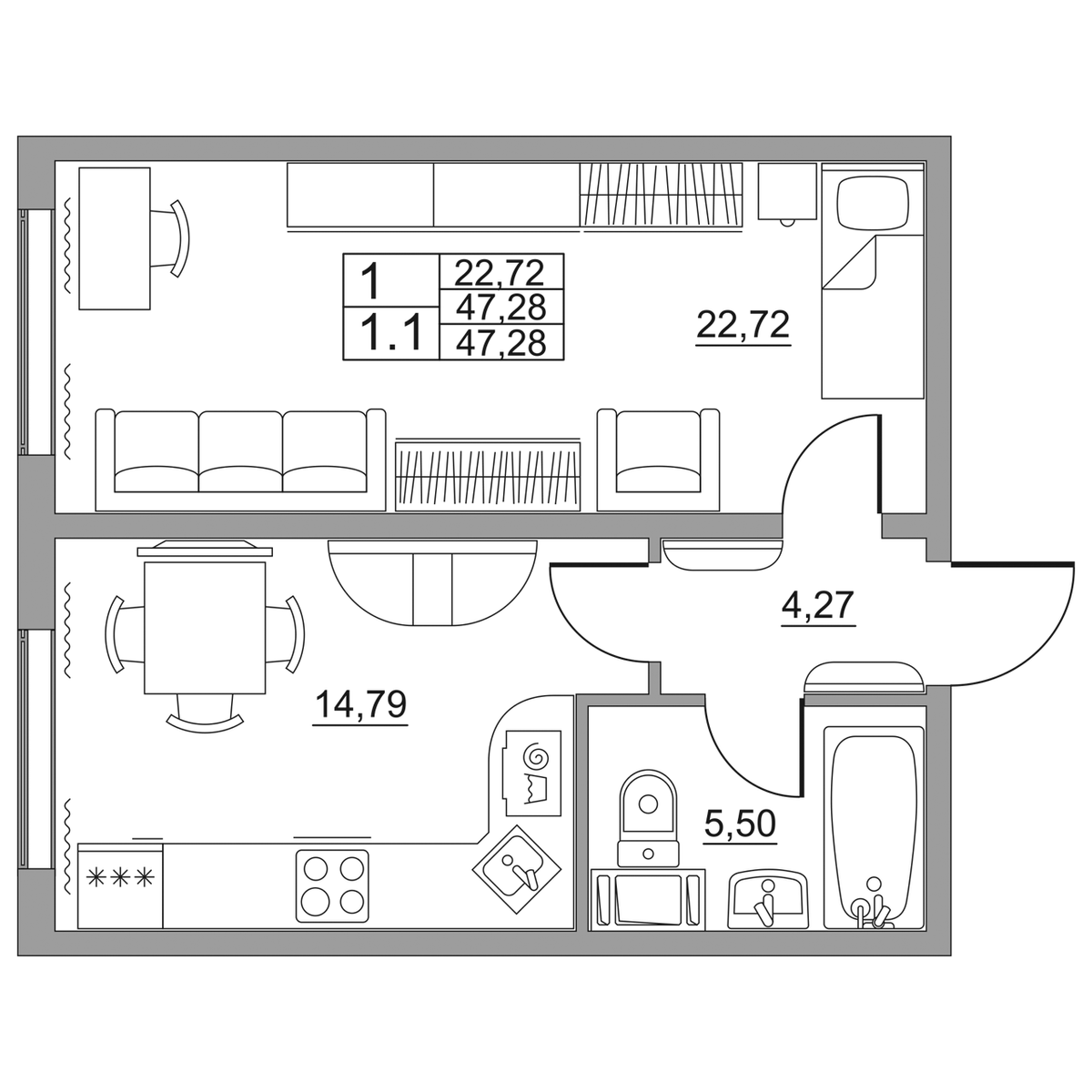 1 комн. квартира, 47.3 м², 1 этаж 