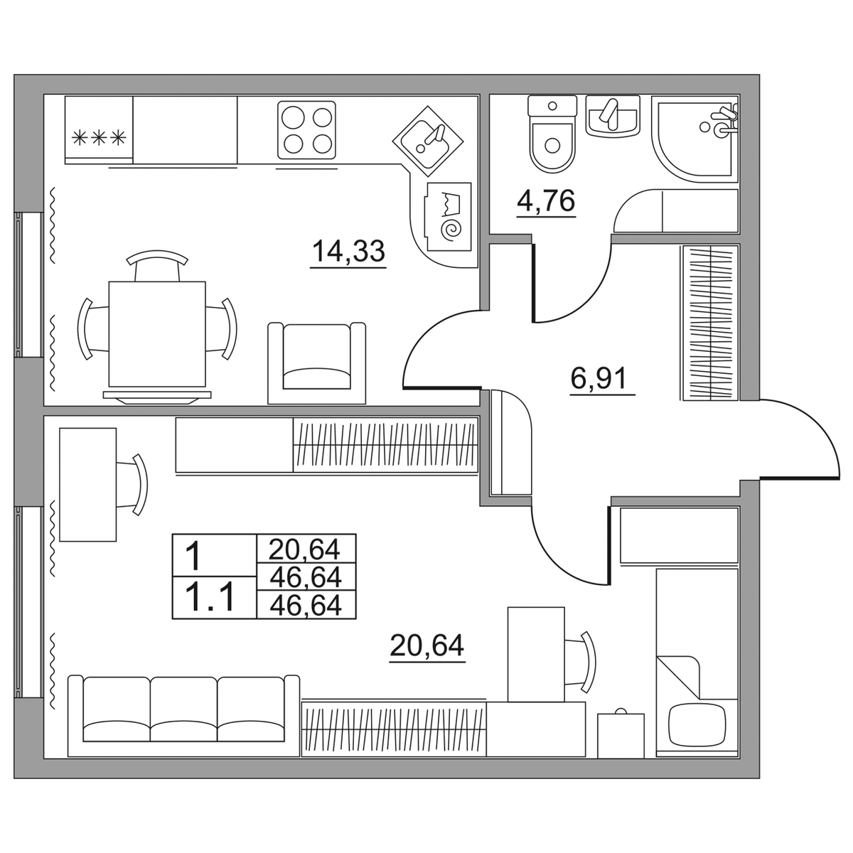 1 комн. квартира, 46.6 м², 1 этаж 