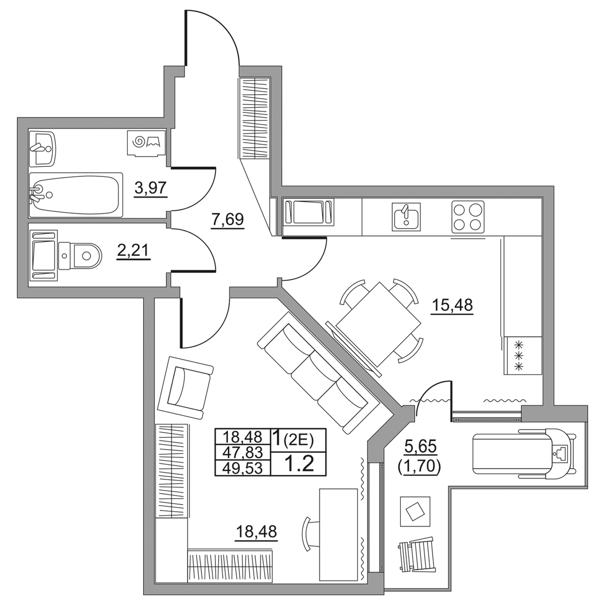 1 комн. квартира, 49.5 м², 9 этаж 