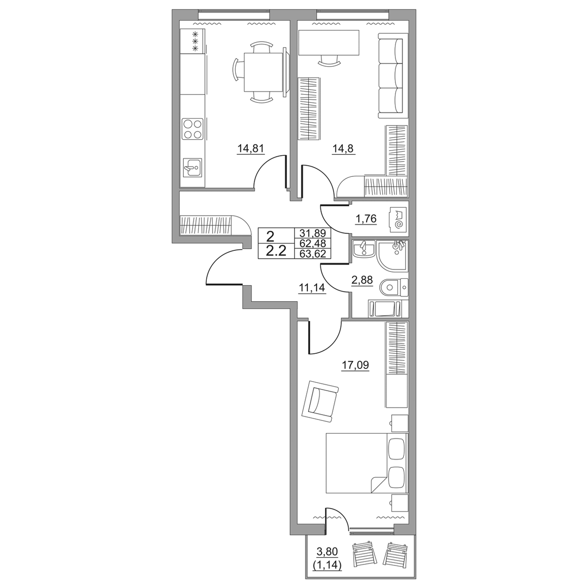 2 комн. квартира, 63.6 м², 11 этаж 