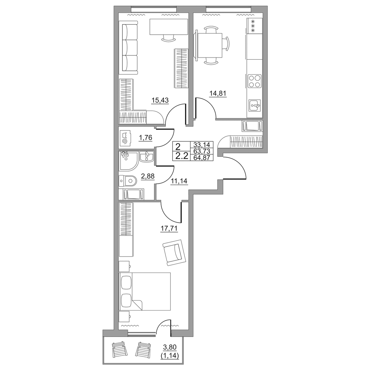 2 комн. квартира, 64.9 м², 10 этаж 