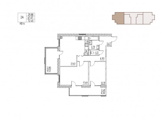 квартира со свободной планировкой, 72.4 м², 2 этаж 