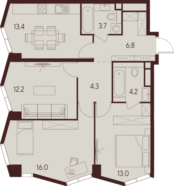 3 комн. квартира, 73.6 м², 12 этаж 