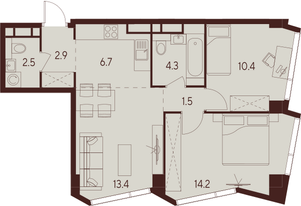 2 комн. квартира, 55.9 м², 15 этаж 