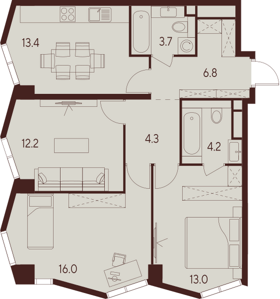 3 комн. квартира, 73.6 м², 16 этаж 