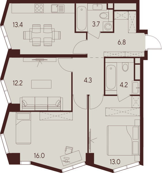 3 комн. квартира, 73.6 м², 18 этаж 