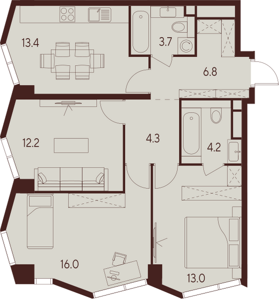 3 комн. квартира, 73.6 м², 24 этаж 