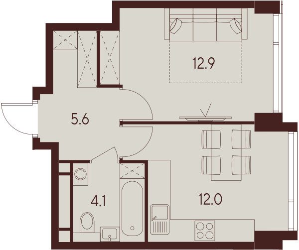 1 комн. квартира, 34.6 м², 17 этаж 