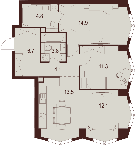 2 комн. квартира, 71.2 м², 2 этаж 