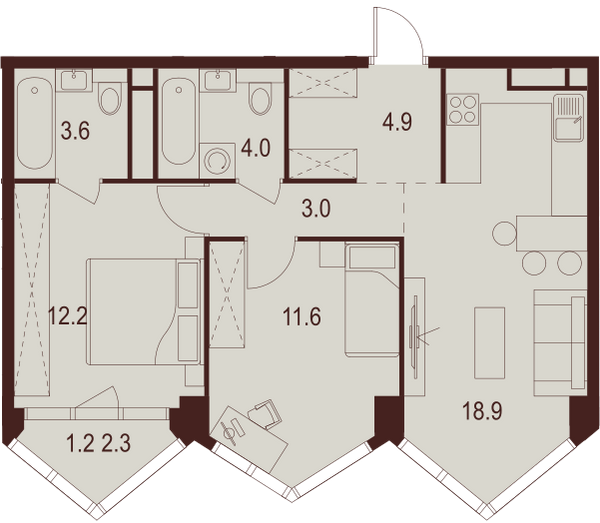 2 комн. квартира, 59.4 м², 18 этаж 