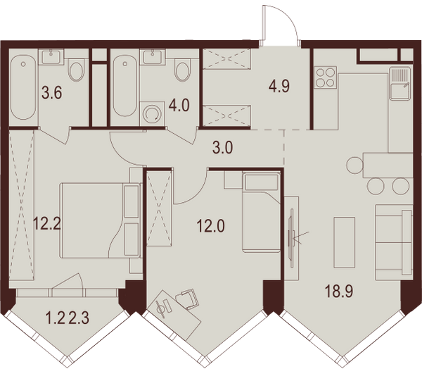 2 комн. квартира, 59.8 м², 21 этаж 