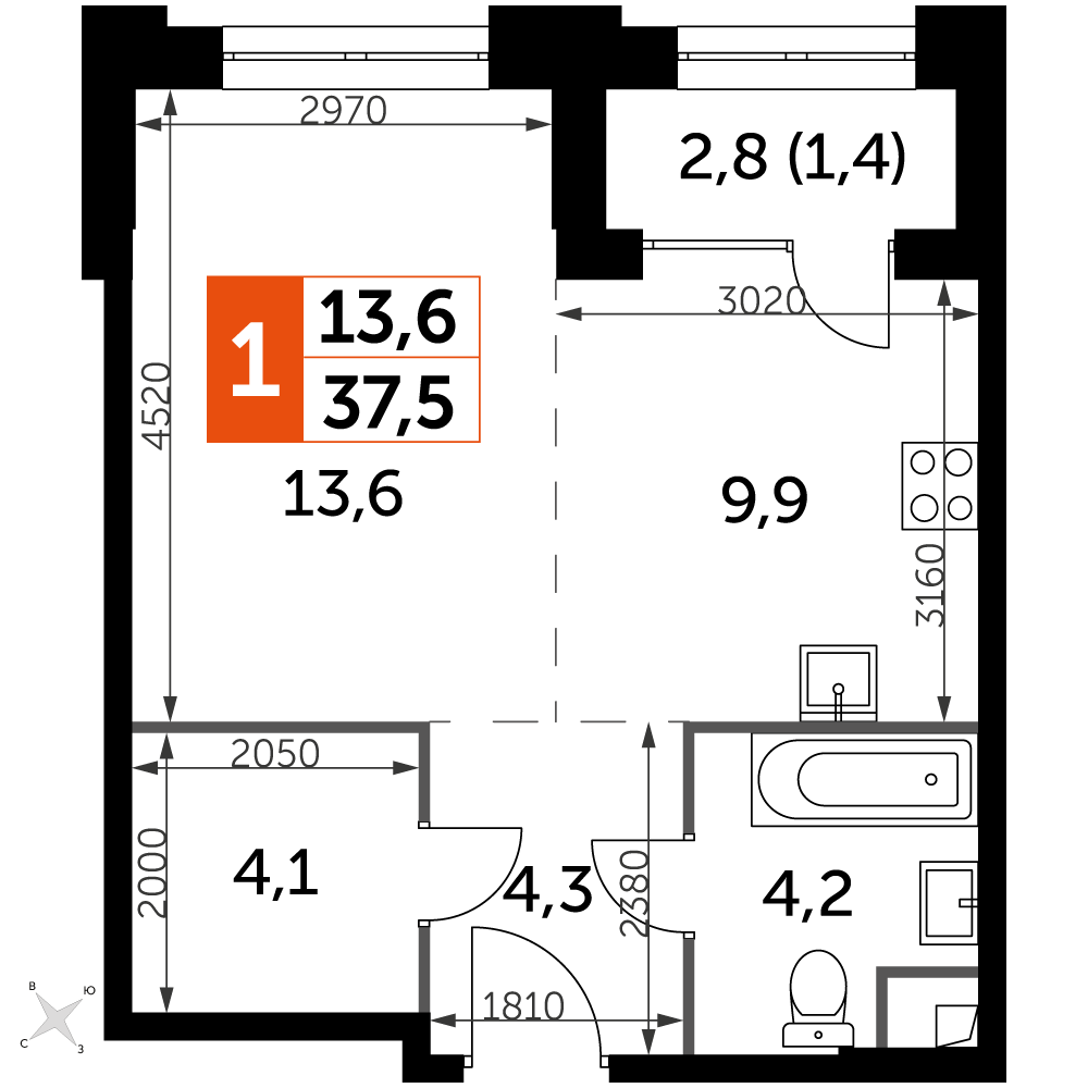 1 комн. квартира, 37.5 м², 14 этаж 