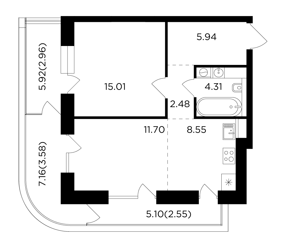 2 комн. квартира, 57.1 м², 8 этаж 