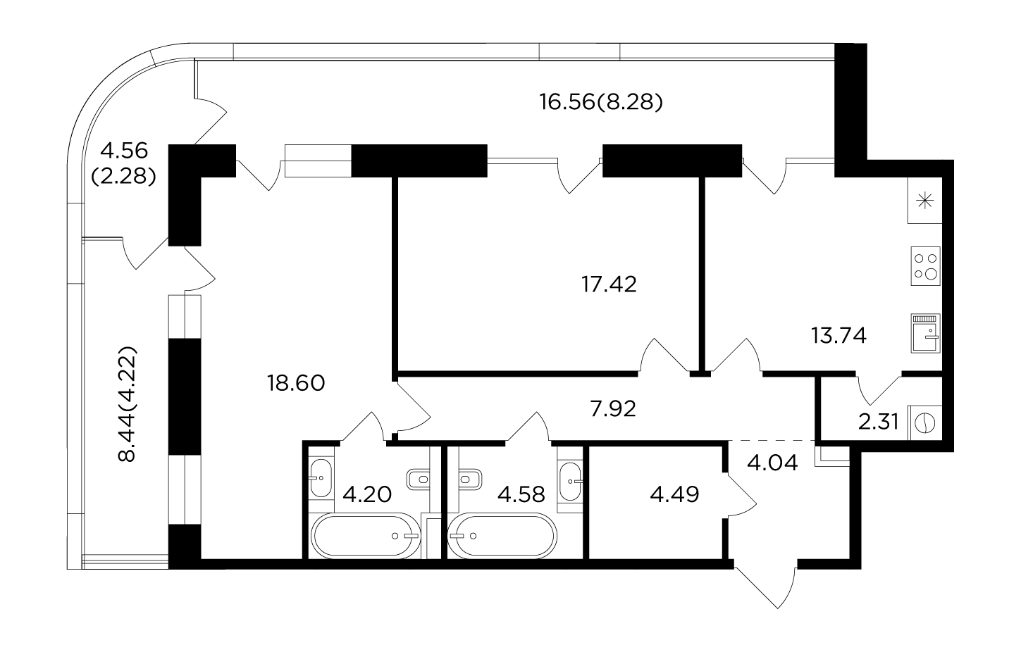 2 комн. квартира, 92.1 м², 5 этаж 