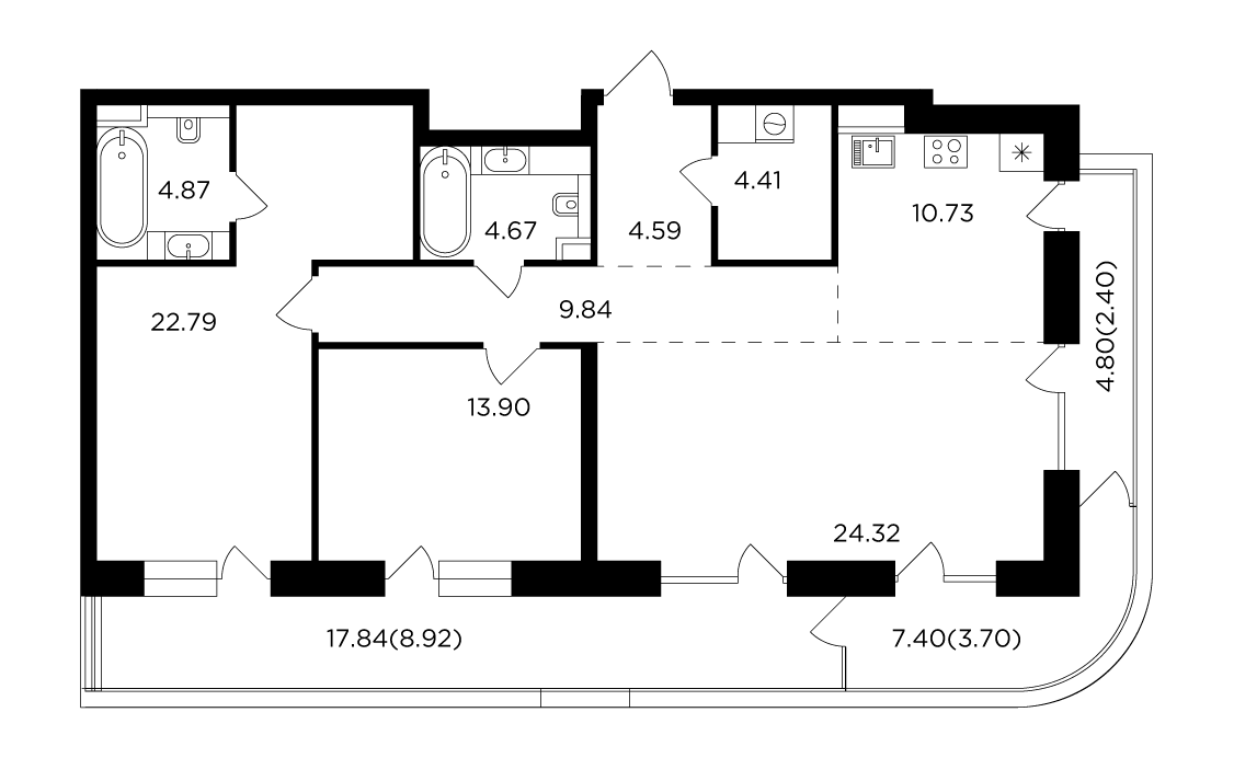 3 комн. квартира, 115.1 м², 11 этаж 