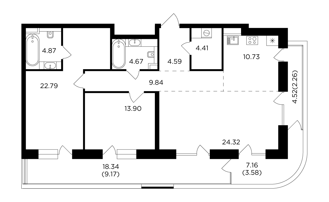 3 комн. квартира, 115.1 м², 13 этаж 