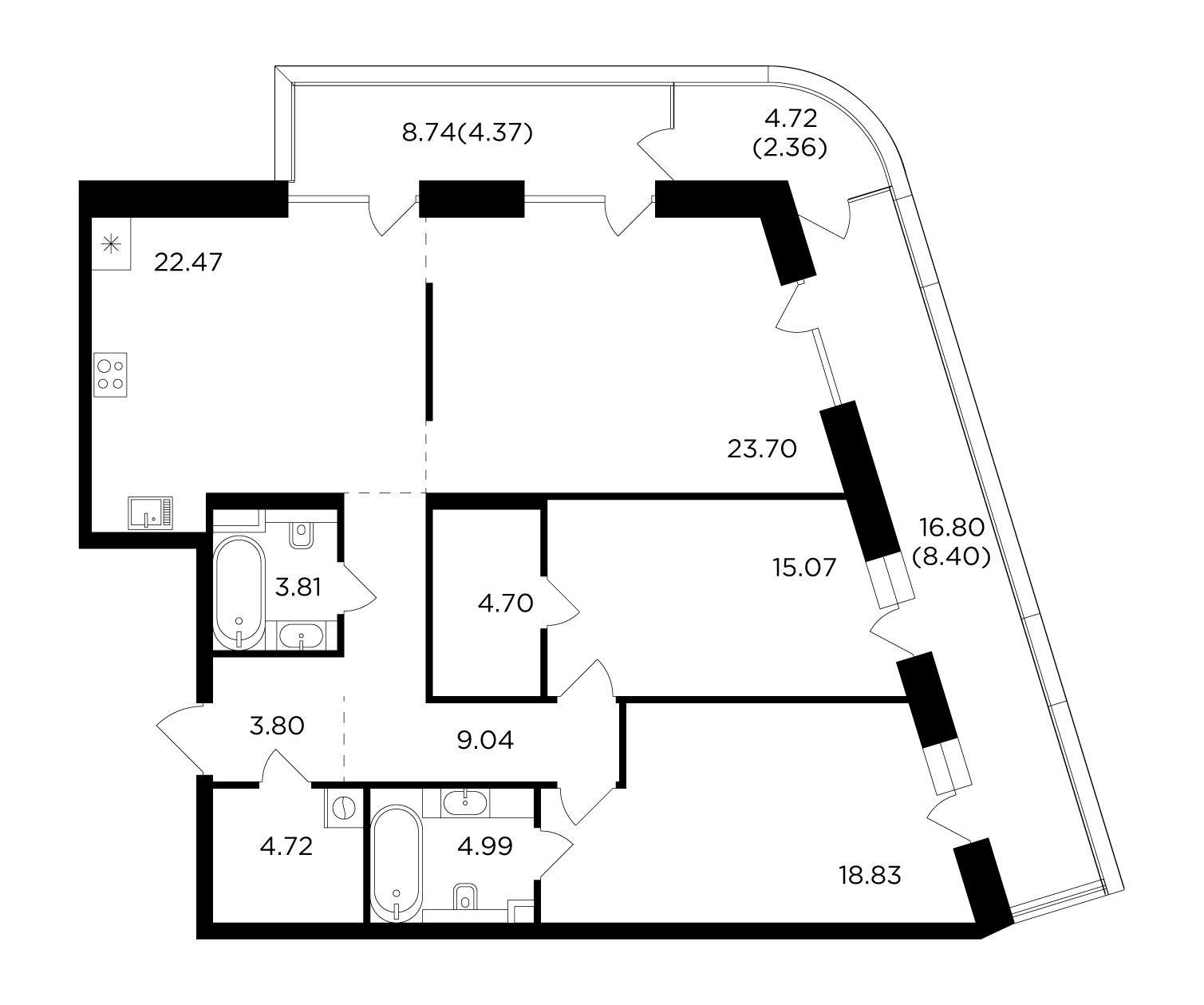 3 комн. квартира, 126.3 м², 5 этаж 