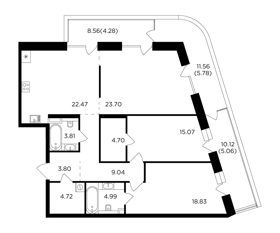 3 комн. квартира, 126.2 м², 12 этаж 