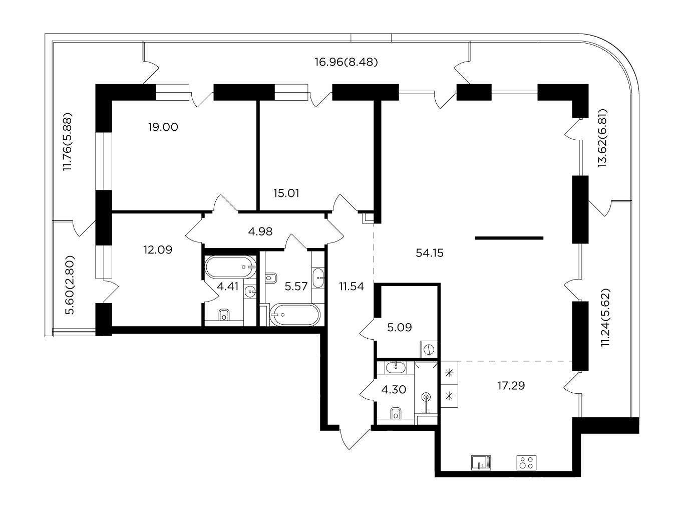 4 комн. квартира, 183 м², 12 этаж 