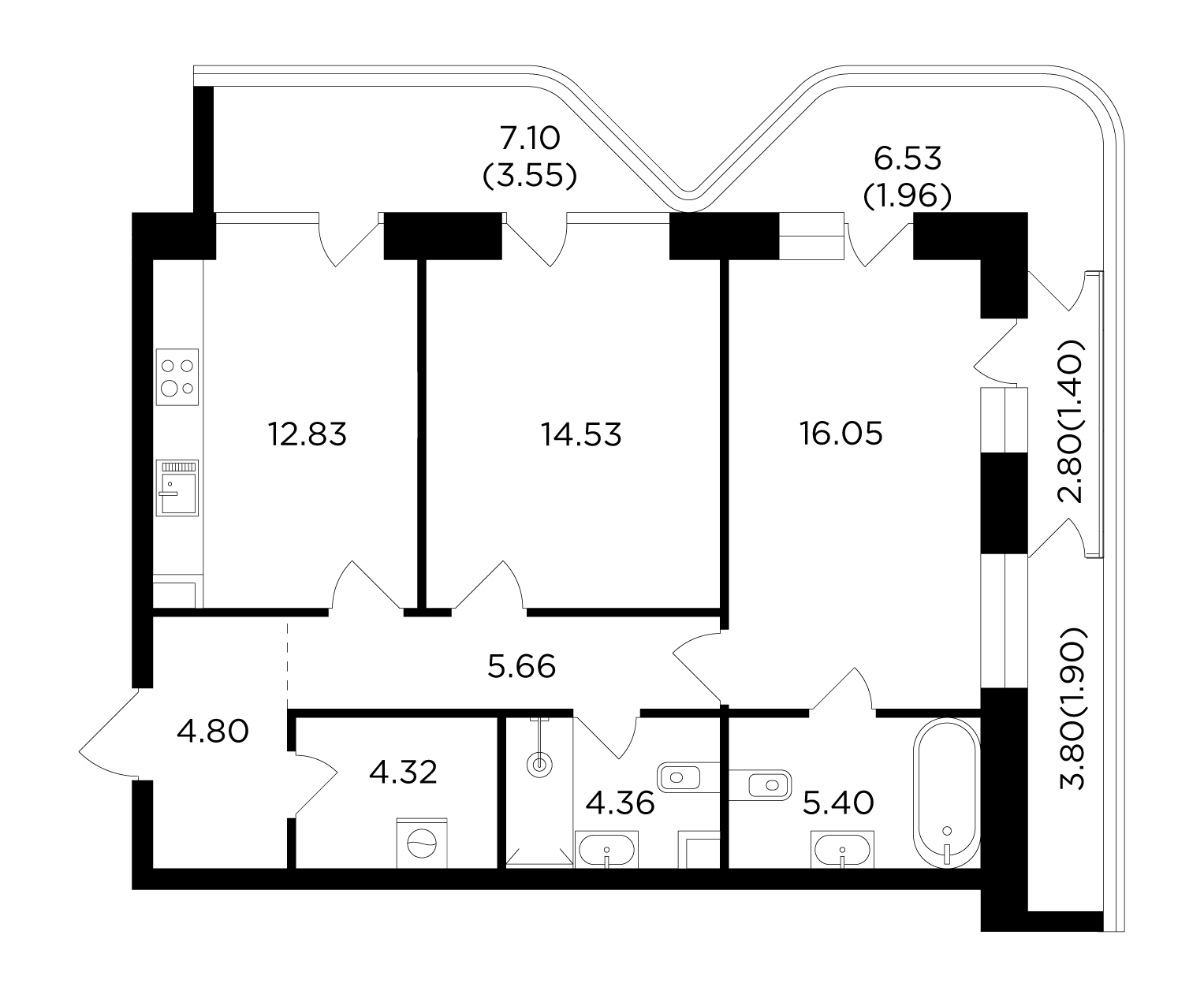 2 комн. квартира, 76.8 м², 3 этаж 
