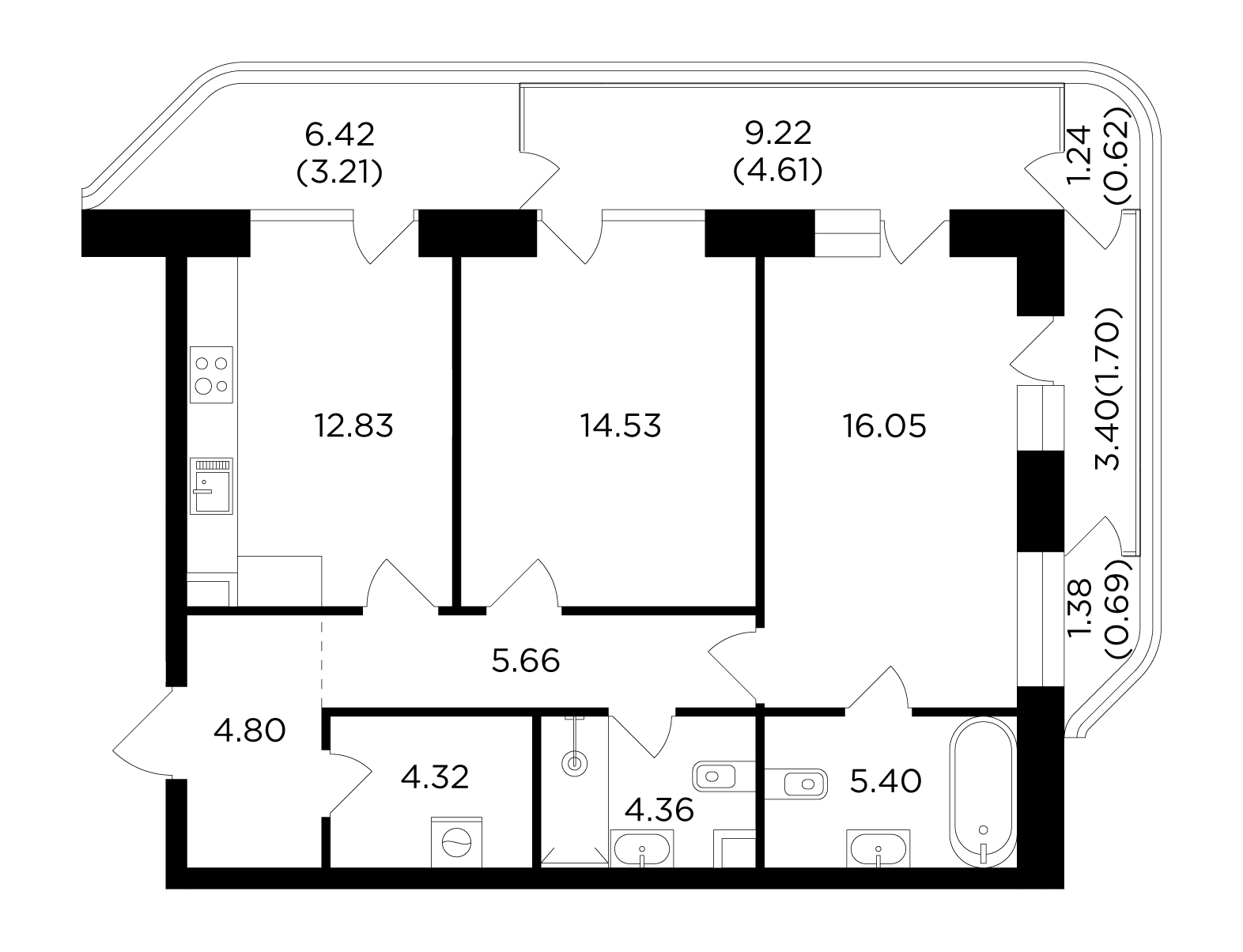 2 комн. квартира, 78.8 м², 6 этаж 