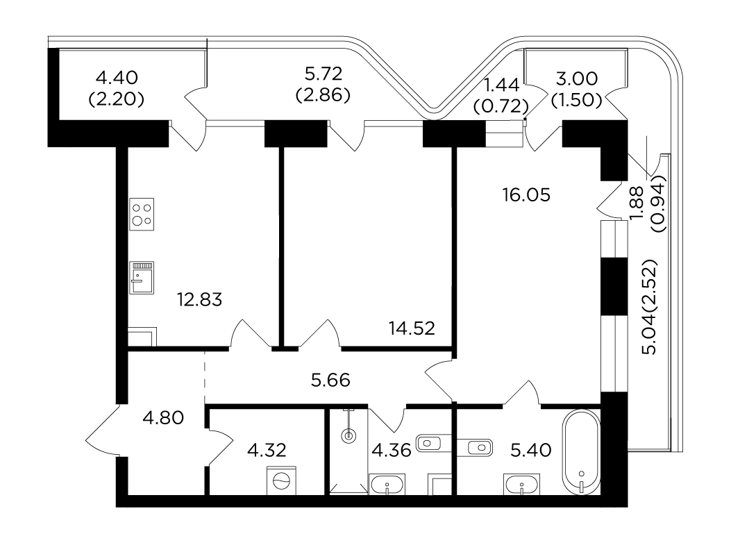 2 комн. квартира, 78.7 м², 11 этаж 
