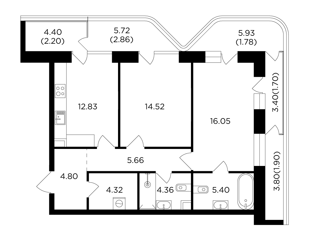 2 комн. квартира, 78.4 м², 13 этаж 