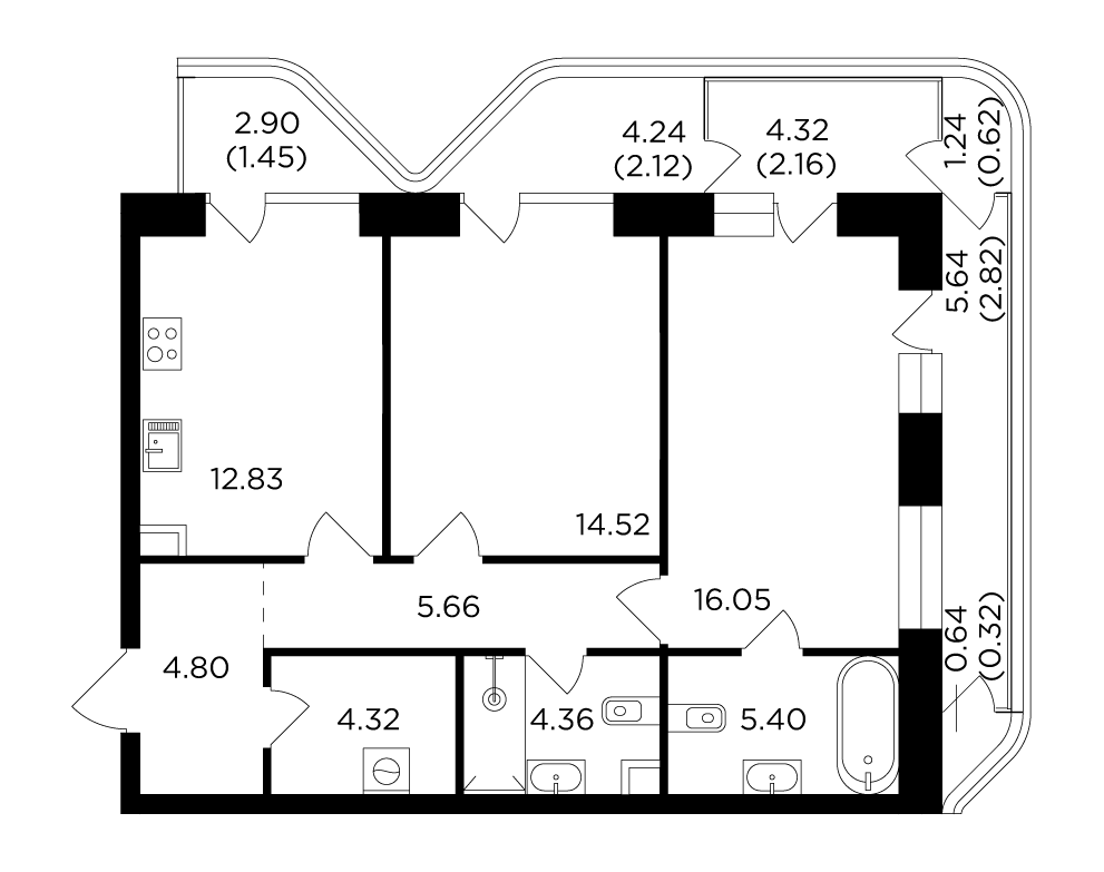 2 комн. квартира, 77.4 м², 18 этаж 