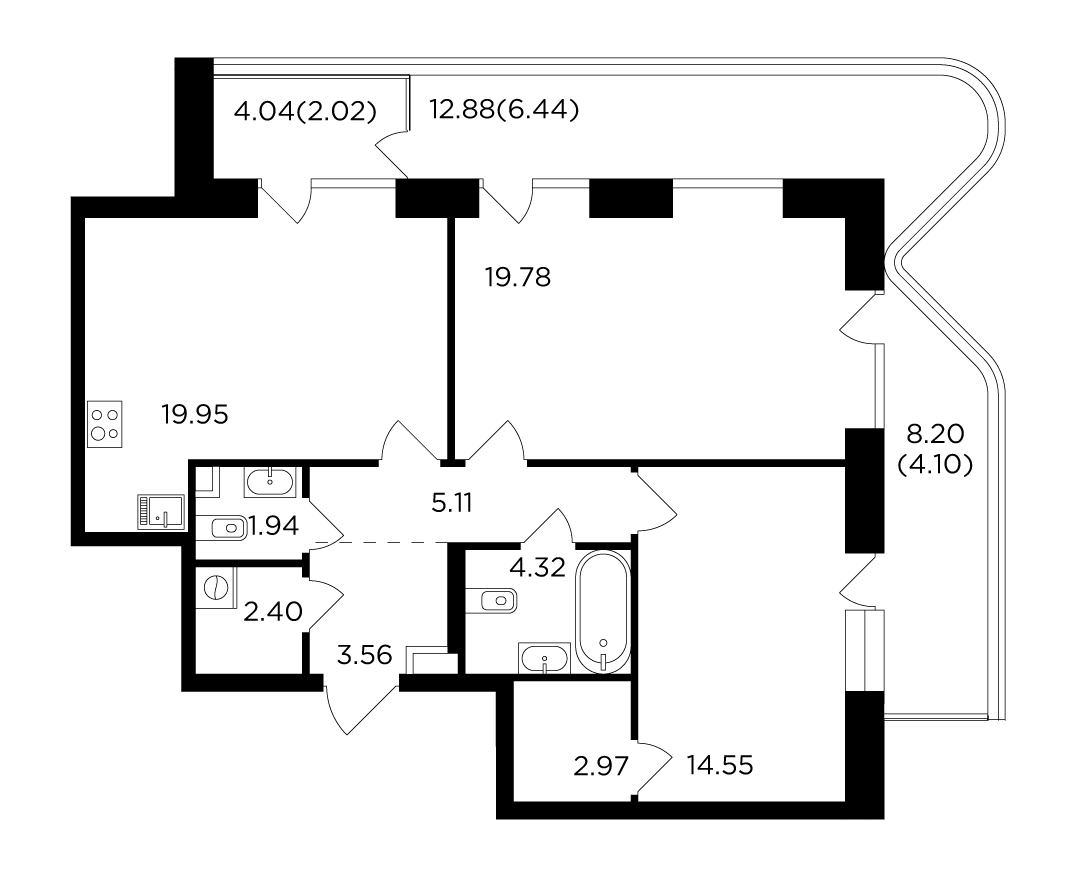 2 комн. квартира, 87.1 м², 17 этаж 