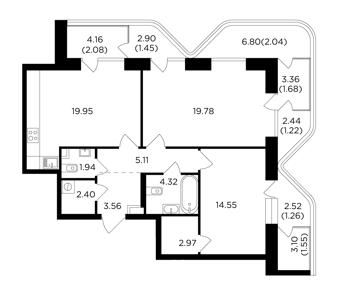 2 комн. квартира, 85.9 м², 18 этаж 