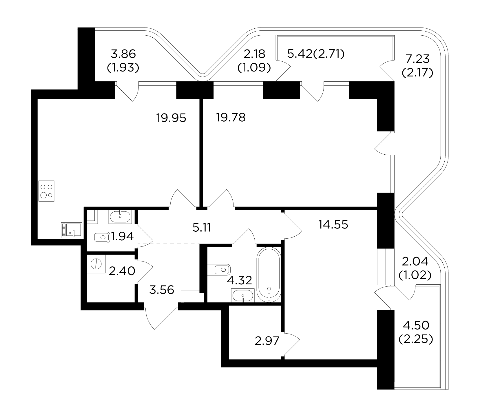 2 комн. квартира, 85.8 м², 3 этаж 