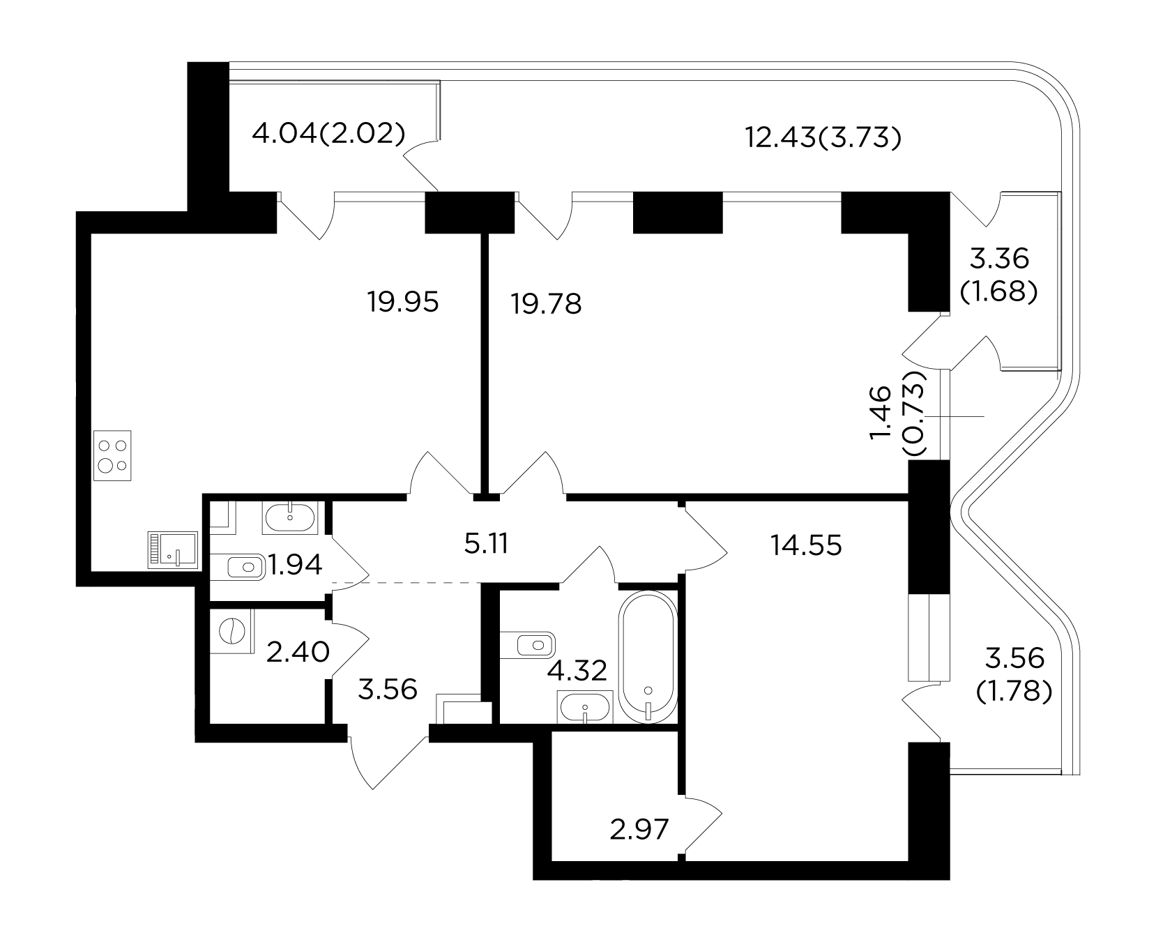 2 комн. квартира, 84.5 м², 7 этаж 