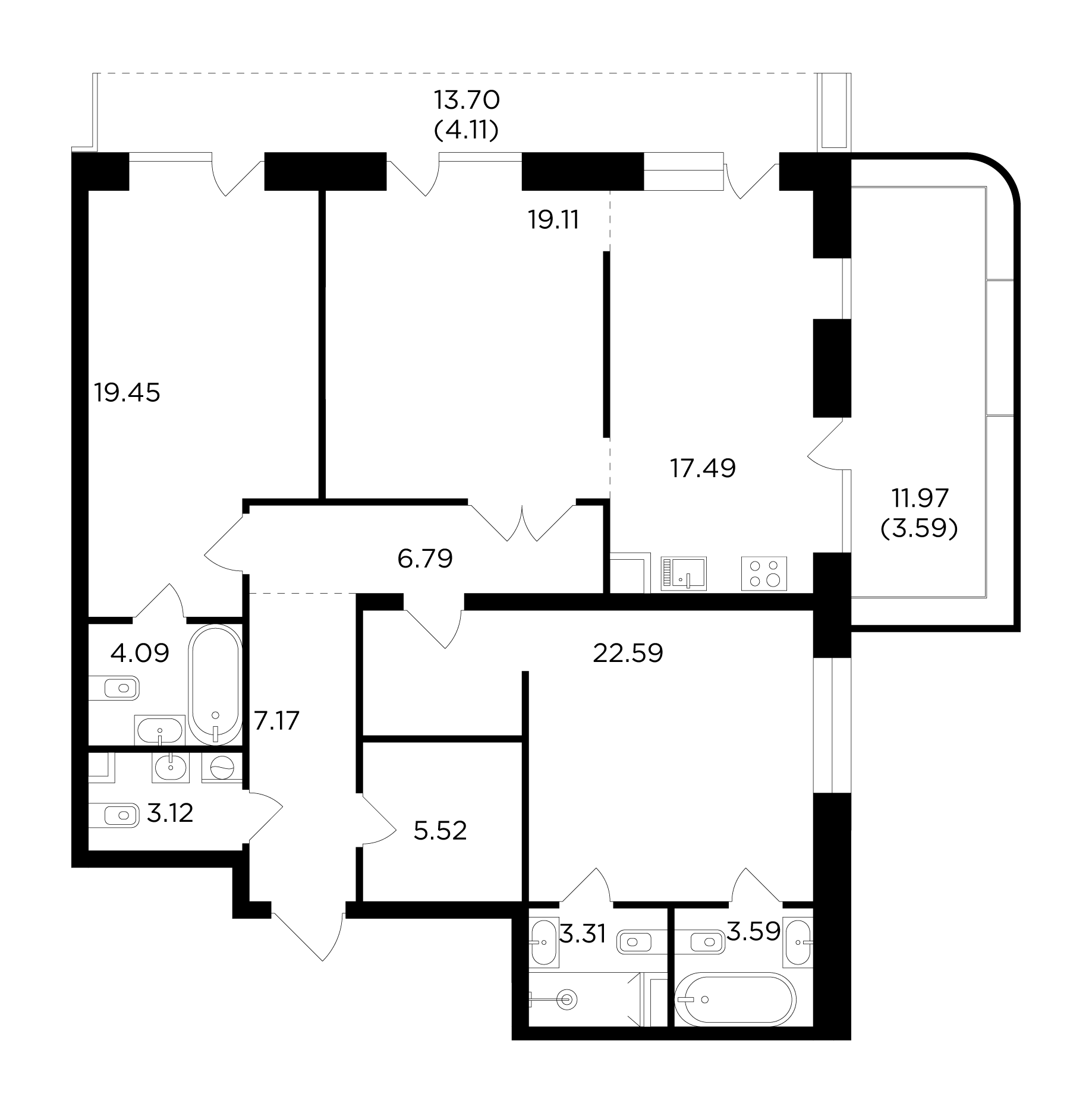 3 комн. квартира, 119.9 м², 2 этаж 