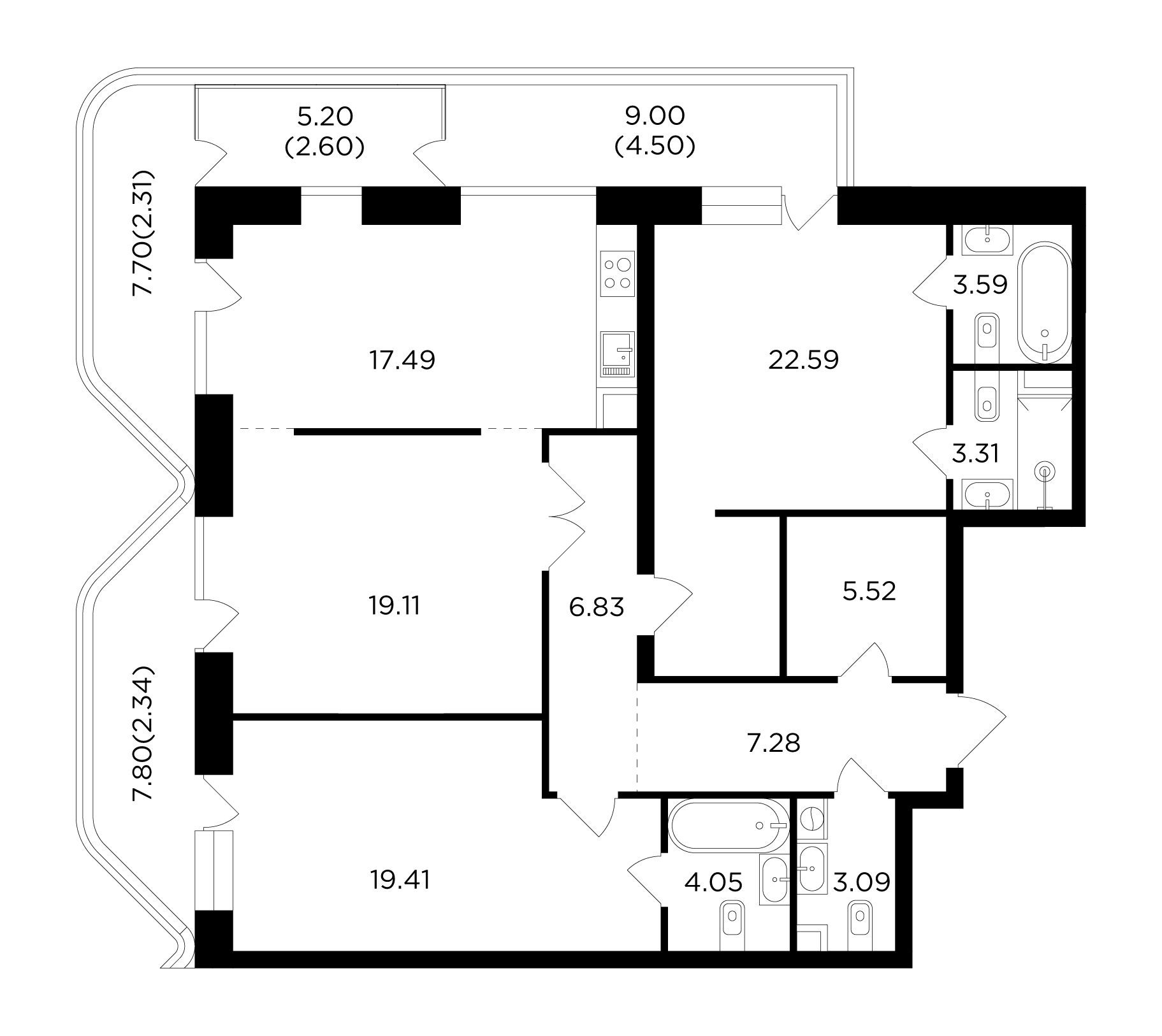 3 комн. квартира, 124 м², 3 этаж 