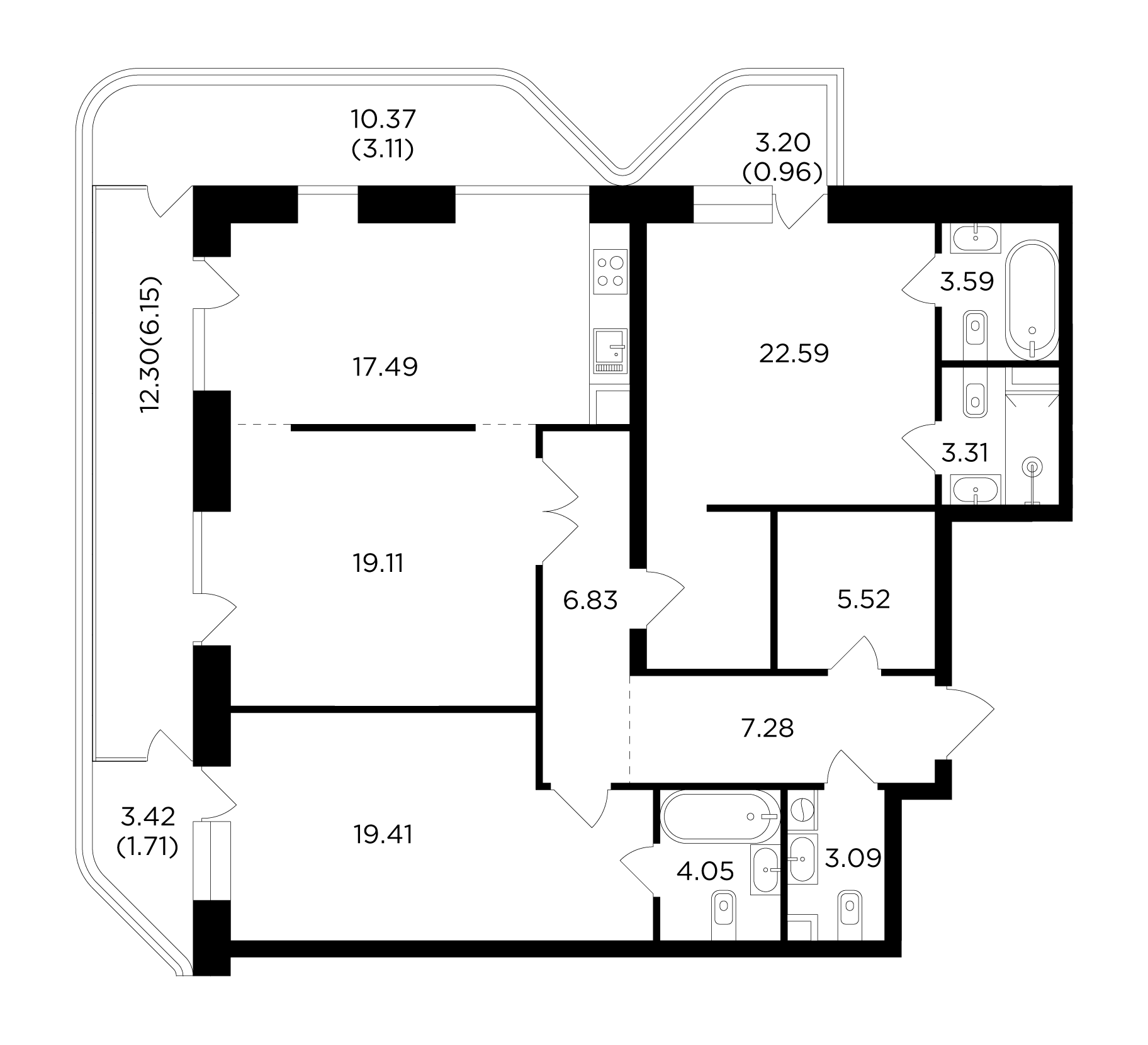 3 комн. квартира, 124.2 м², 4 этаж 