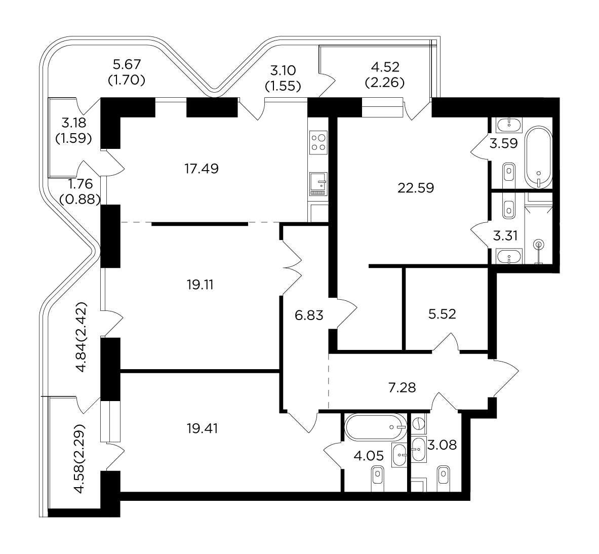 3 комн. квартира, 125 м², 11 этаж 