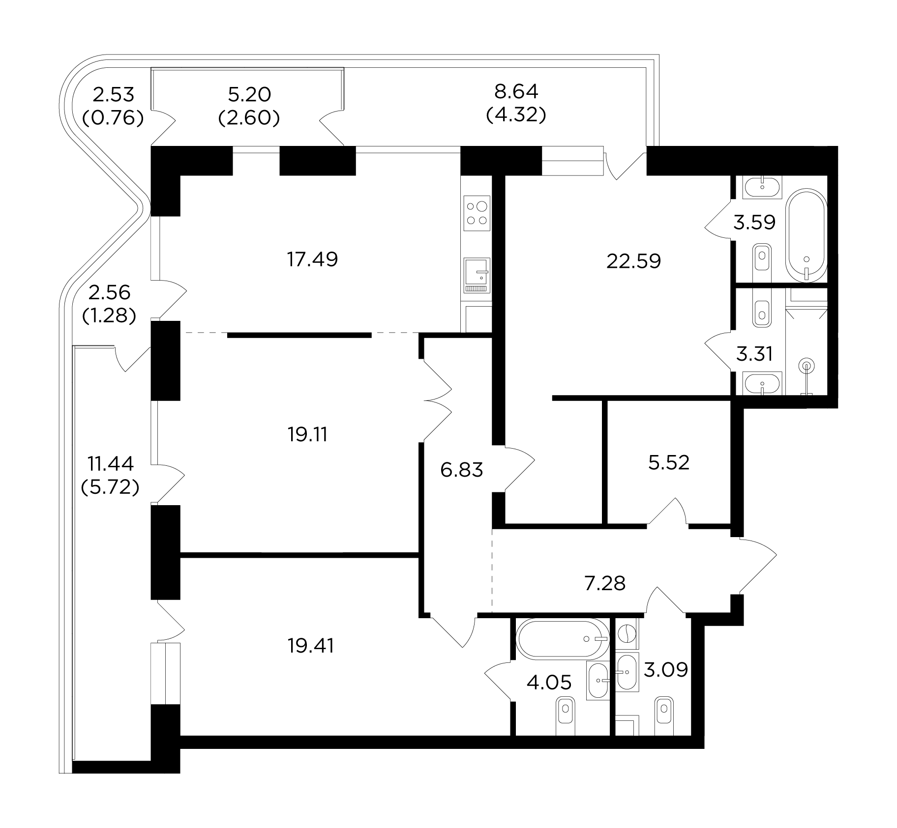 3 комн. квартира, 127 м², 8 этаж 