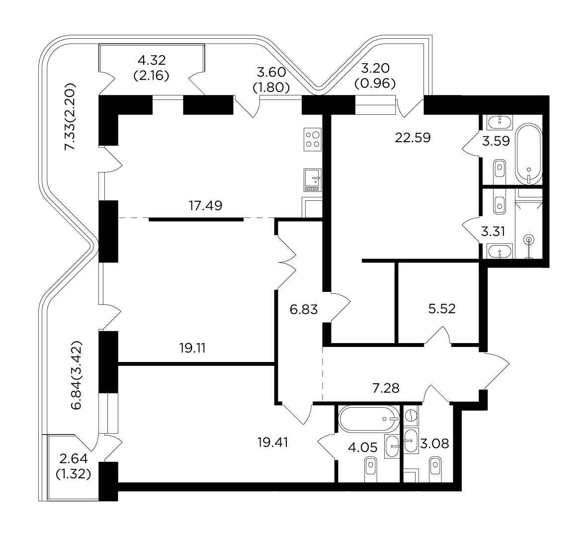 3 комн. квартира, 124.1 м², 13 этаж 
