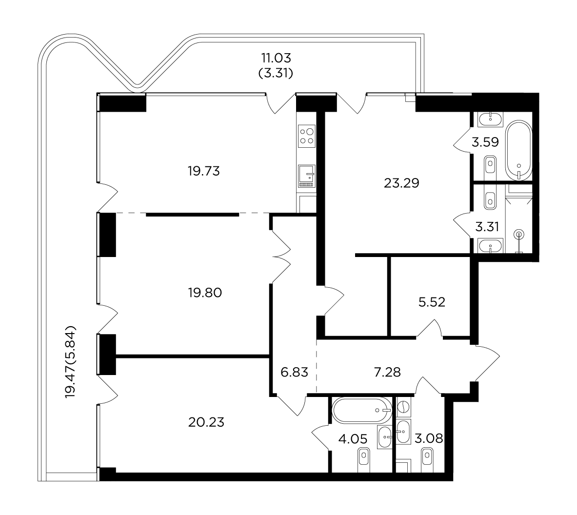 3 комн. квартира, 125.9 м², 18 этаж 