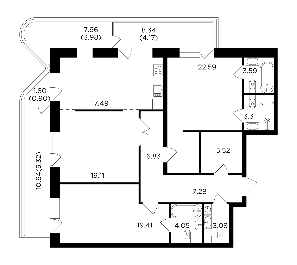 3 комн. квартира, 126.6 м², 17 этаж 