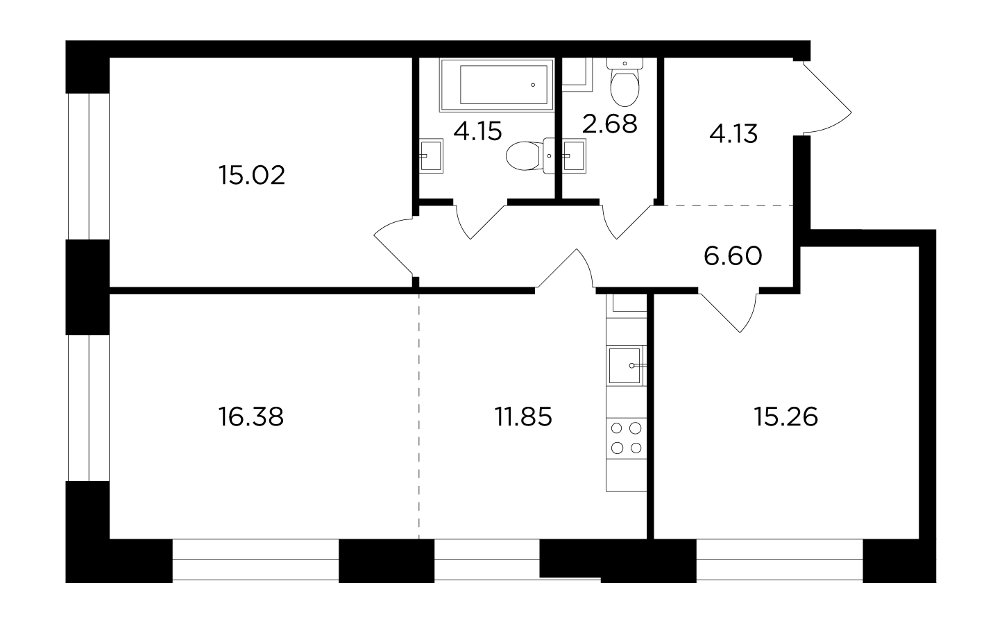 3 комн. квартира, 78.7 м², 2 этаж 