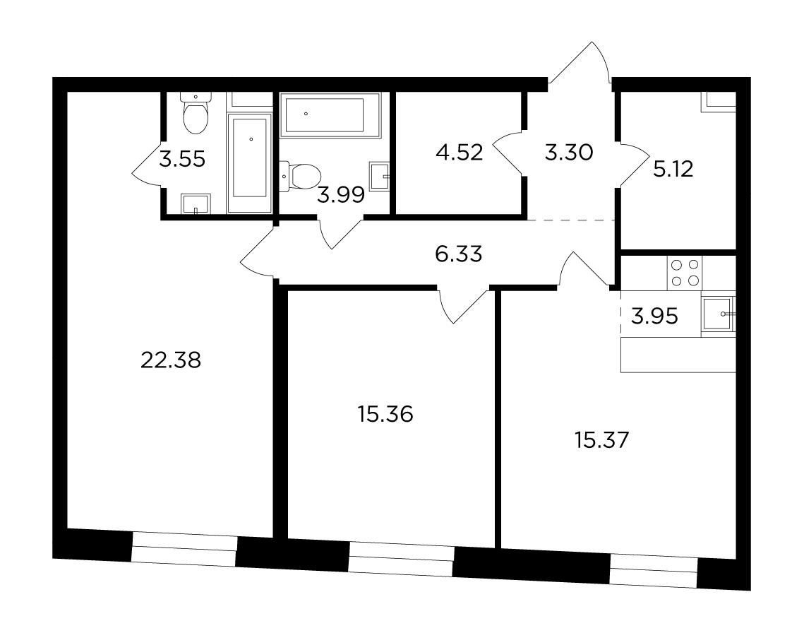 3 комн. квартира, 83.9 м², 14 этаж 