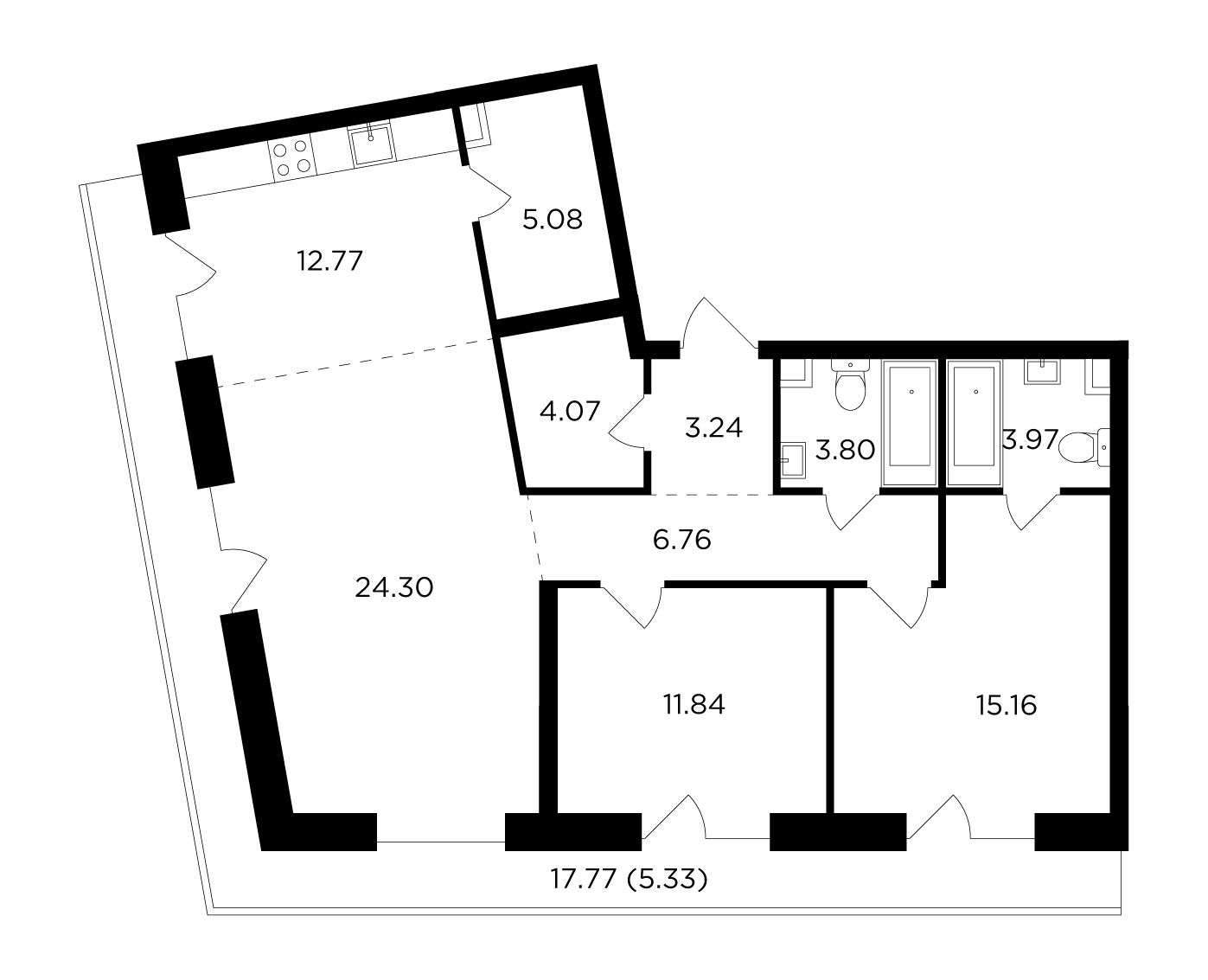 3 комн. квартира, 96.3 м², 10 этаж 