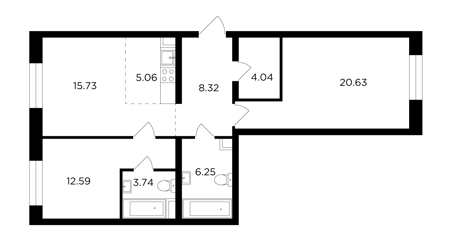 3 комн. квартира, 97.9 м², 13 этаж 